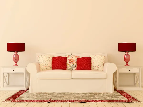 Sofá blanco con decoración roja — Foto de Stock