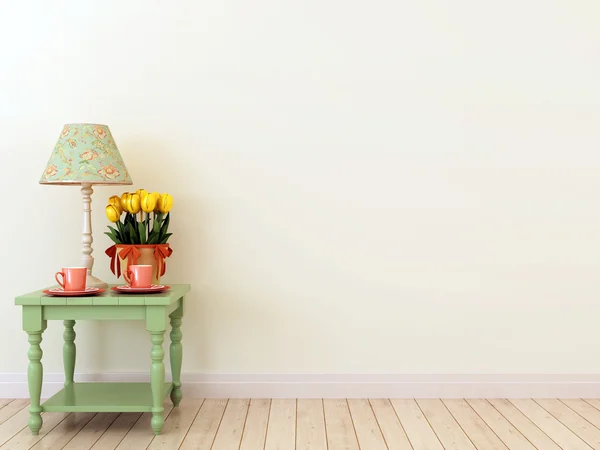 Green side table with the decor in the interior — Stock Photo, Image