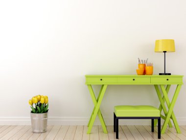 Green table and tulips