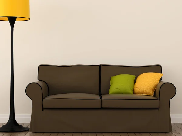 Sofa with a yellow floor lamp — Stockfoto