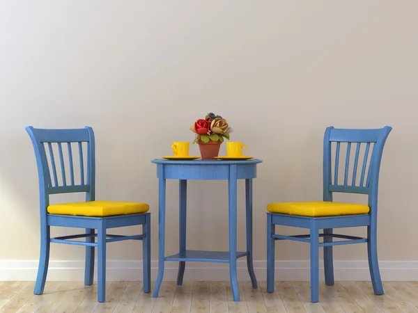 Cadeiras azuis com mesa — Fotografia de Stock