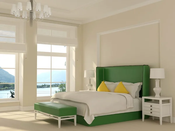 Green bed in white interior — Stock Photo, Image