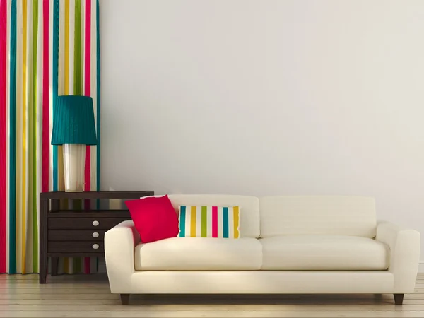 Sofá blanco con decoración colorida — Foto de Stock