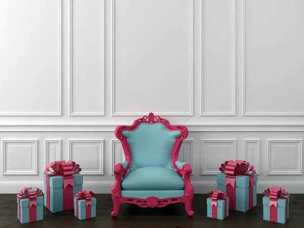 Blauer Stuhl mit Geschenken — Stockfoto