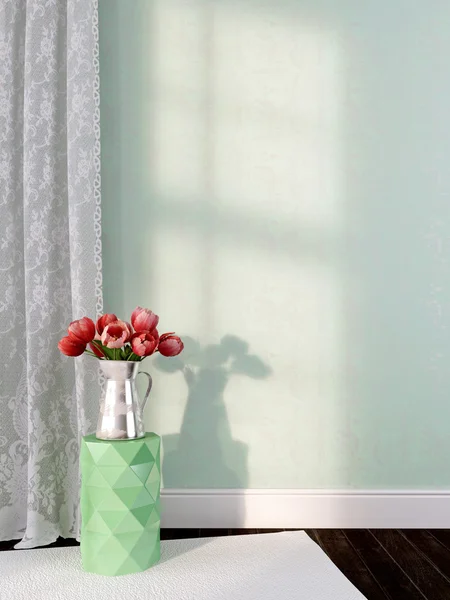 Vaas met tulpen op de groene achtergrond — Stockfoto