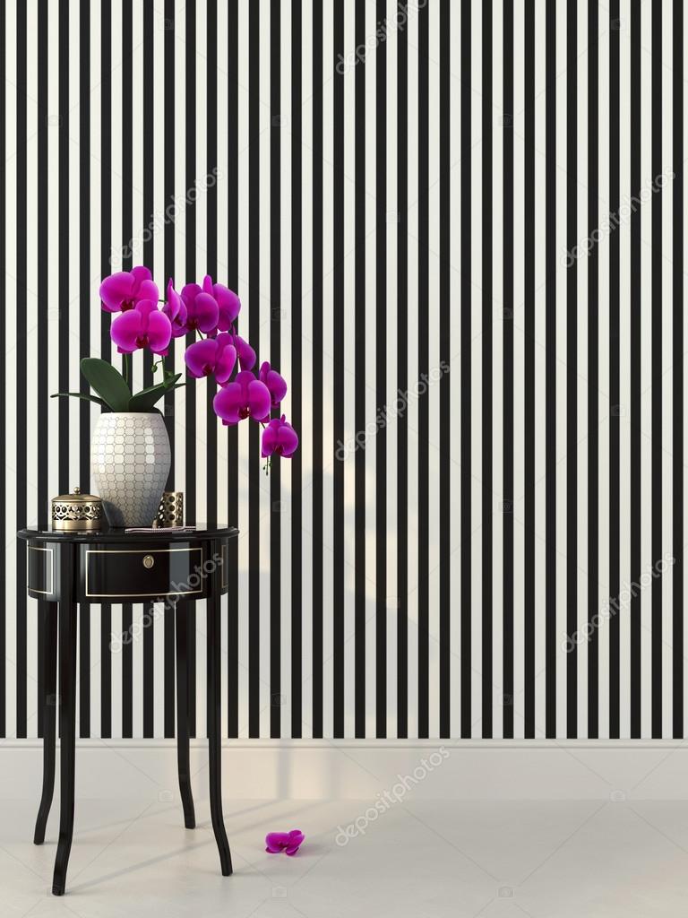 Pink orchid and striped wallpaper