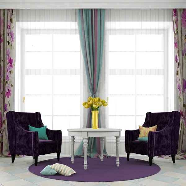 Twee paarse stoel en een witte tafel — Stockfoto