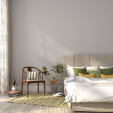 Beige bed with green decor clipart