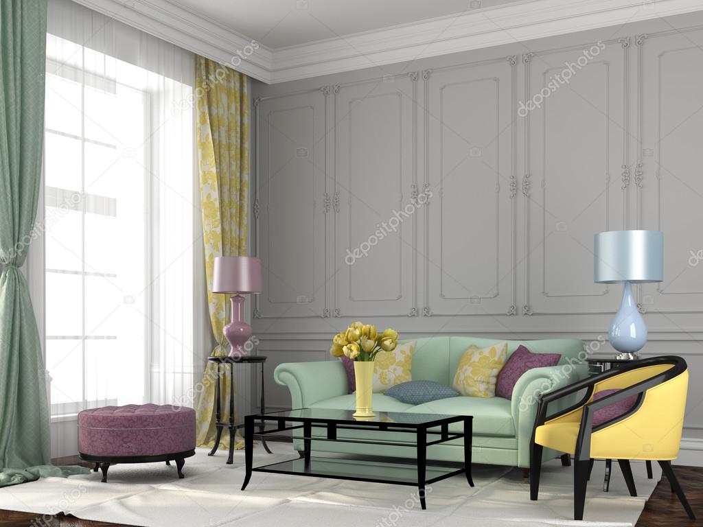 Colorful Interior against a background of gray wall