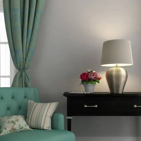 Turquoise stoel en gouden lamp — Stockfoto