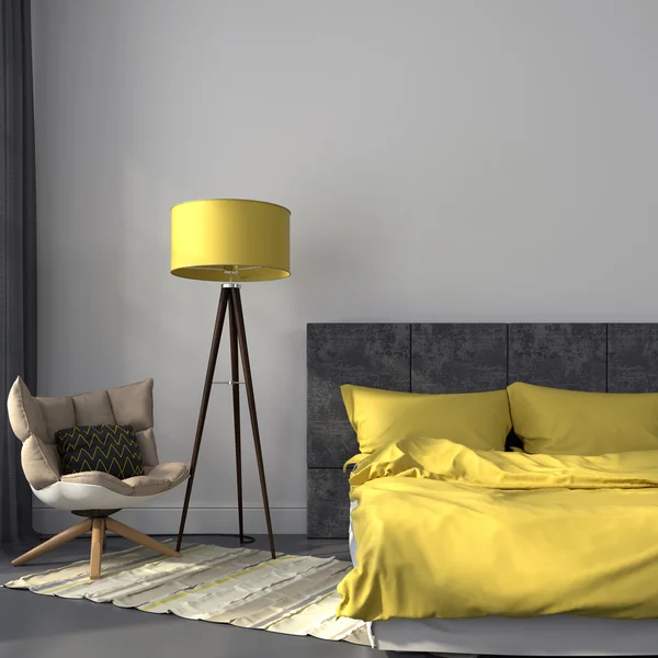 Grå sovrum och gul inredning — Stockfoto