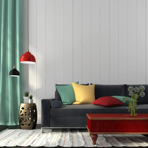 Interieur mit dunkelblauem Sofa und rotem Tisch — Stockfoto