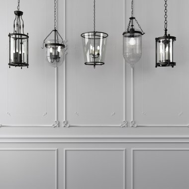 Decorative hanging lamps against a white wall clipart