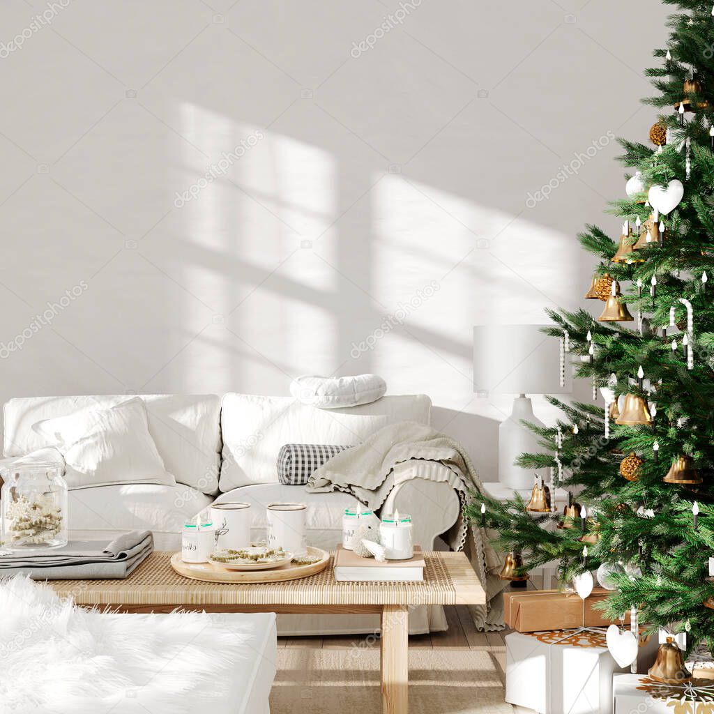 Christmas living room interior in light colors with a Christmas tree near the window 