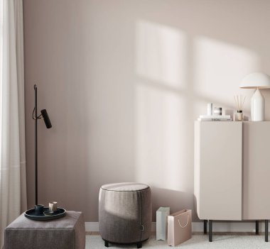 Açık minimalist bir iç mekan, içi çekmecelerle dolu ve boş bir duvarın arkasında puf puf var. 3B görüntüleme, 3d illüstrasyon  