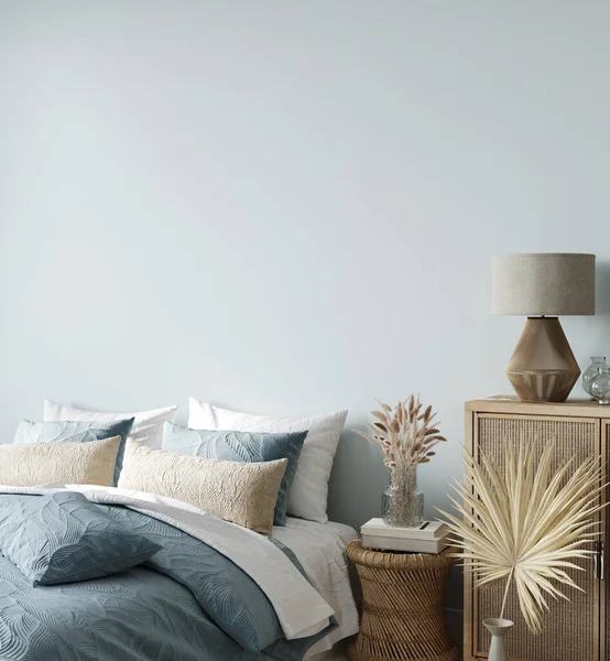 Boho Stil Interieur Mit Einem Blauen Bett Und Einem Korb — Stockfoto