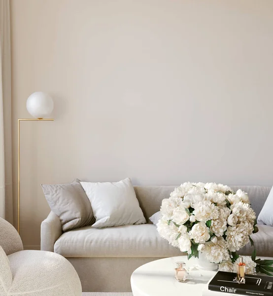 Wohnzimmereinrichtung Hellbeige Mit Einem Weichen Sofa Einem Marmortisch Und Einem — Stockfoto