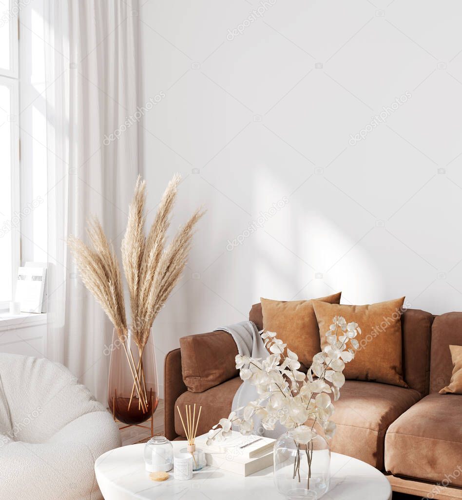 Living room interior in light beige color with a soft sofa, a marble table and a pouf against an empty wall. Side view. 3D rendering, 3d illustration  