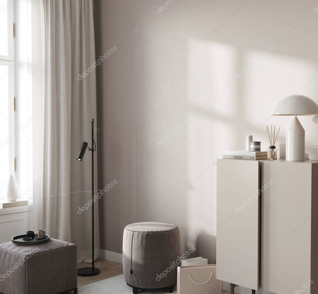Light minimalistic interior with a chest of drawers and poufs against the background of an empty wall. Side view. 3D rendering, 3d illustration  