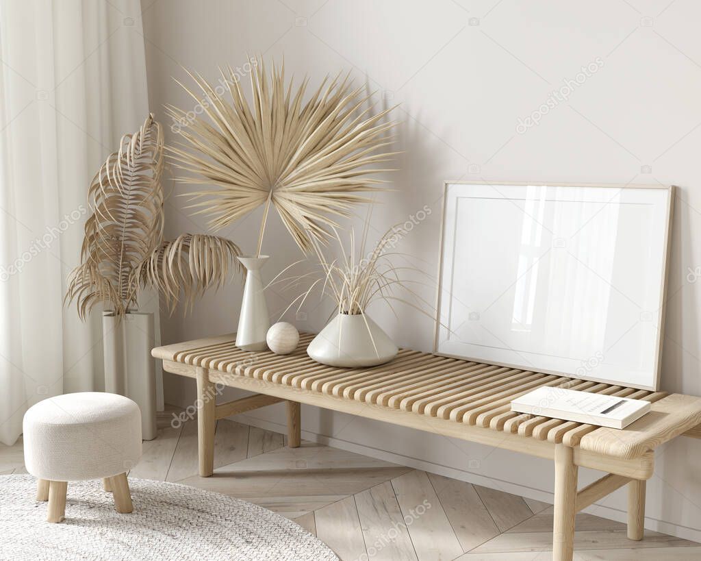 mockup interior in beige color with a bench, a small pouf, dried flowers and a large horizontal frame. Side view. 3D rendering, 3d illustration  