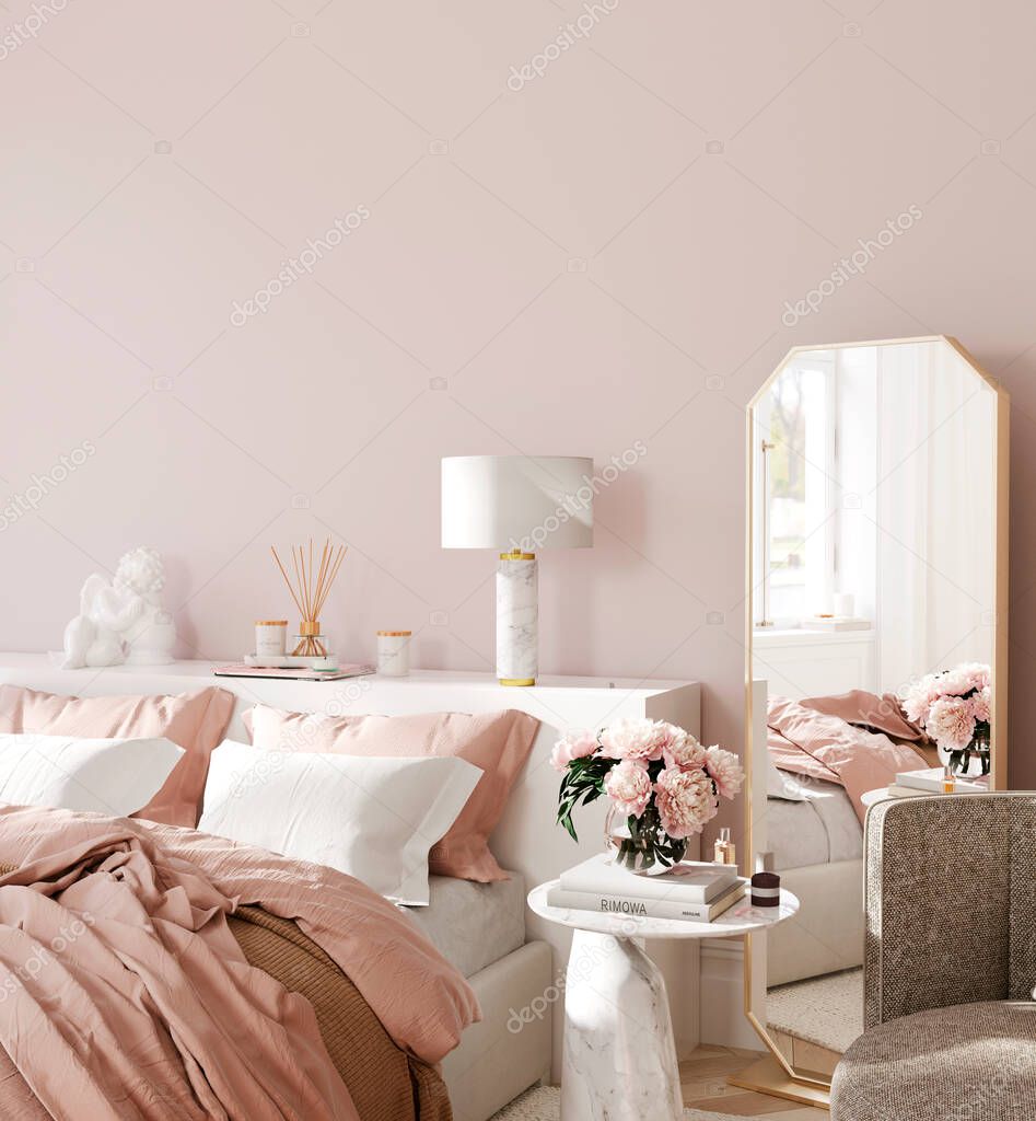 Interior of a pink bedroom with a bed, a mirror and an armchair against an empty wall. Side view. 3D rendering, 3d illustration  