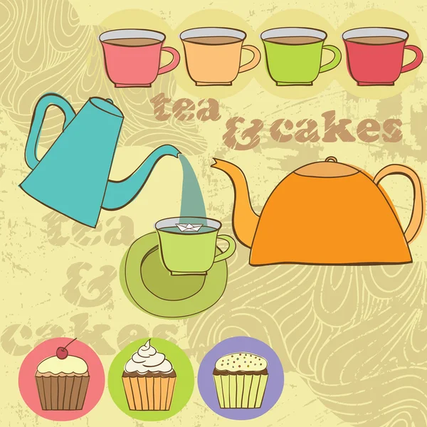 Tea and cup cakes set — Stock Vector