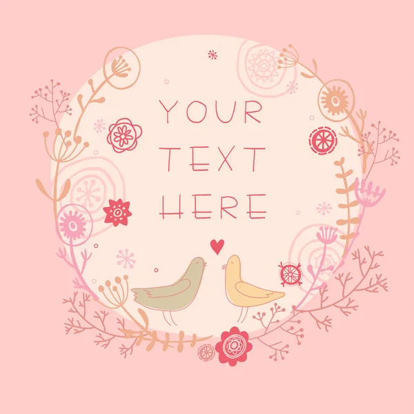 Elegante biglietto fatto di fiori in colori chiari. Scheda Vintage in vettore con simpatici uccelli dei cartoni animati in colore rosa . — Vettoriale Stock