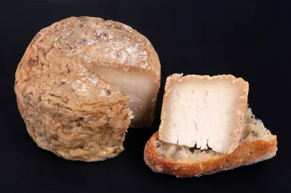 Korsika koyun peyniri ve siyah arka planda bir parça ekmek.