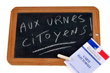 French electoral card placed on a school slate on which citizens are chalked at the ballot box  clipart