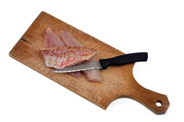Raw Red Mullet Fillets Cutting Board Knife Close White Background — Stock Photo, Image