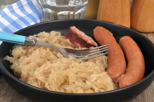 Plate Sauerkraut Frankfurter Sausage Cold Cuts Served Table Close — Stock Photo, Image
