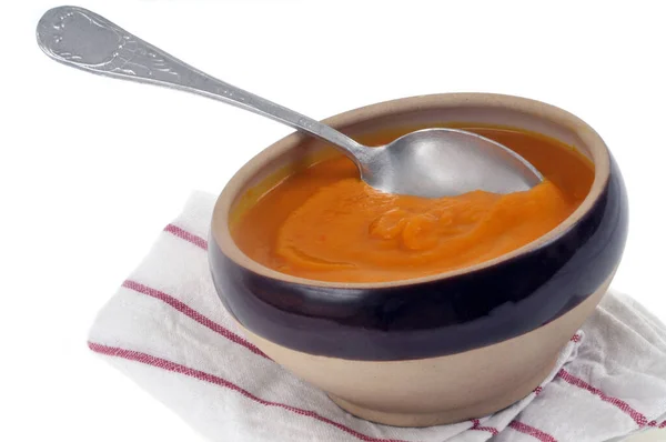 Bowl Pumpkin Soup Spoon Lying Kitchen Towel White Background — Stock Photo, Image