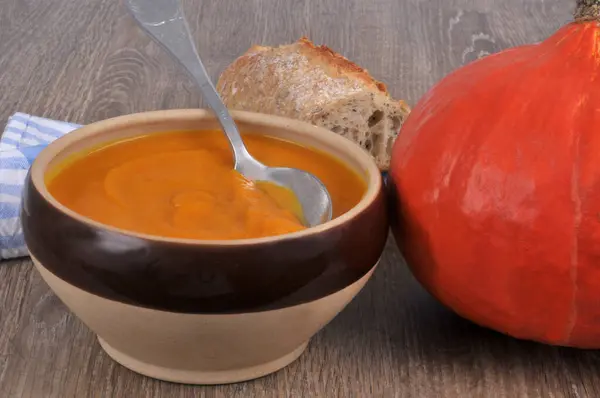 Bowl Pumpkin Soup Spoon Its Ingredients Bread Close — Stock Photo, Image