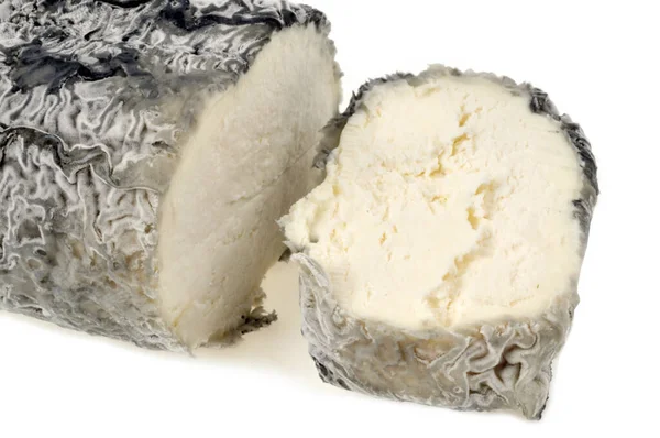 Grumes Fromage Chèvre Cendré Avec Morceau Coupe Close — Photo