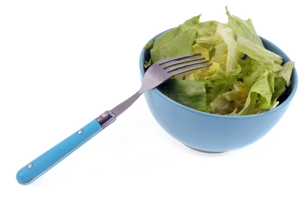 Tigela Salada Com Garfo Close Fundo Branco — Fotografia de Stock