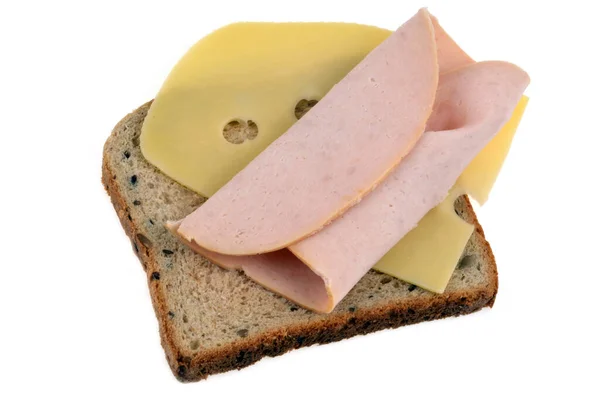 Slice Sandwich Bread Ham Emmental Cheese Close White Background — Stock Photo, Image