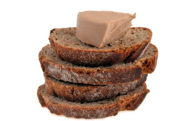 Piece Foie Gras Stack Sliced Bread Close White Background — Stock Photo, Image