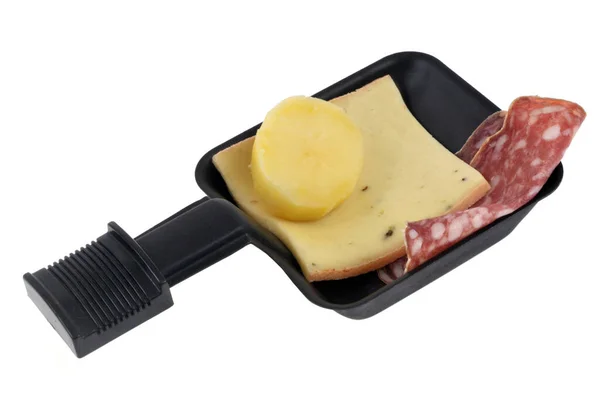 Garnished Raclette Pan Close White Background — Stockfoto