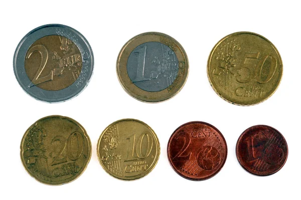 Zbliżenie Monet Euro Białym Tle — Zdjęcie stockowe