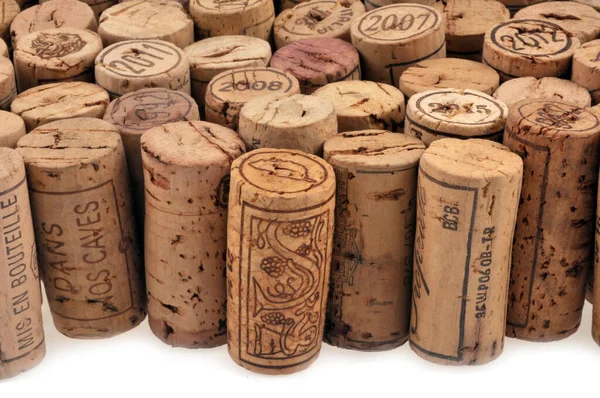 Corchos Botellas Vino Francés Con Corcho Diferentes Años Primer Plano — Foto de Stock
