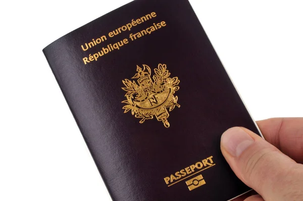 Passaporte Biométrico Francês Mantido Mão Close Fundo Branco — Fotografia de Stock