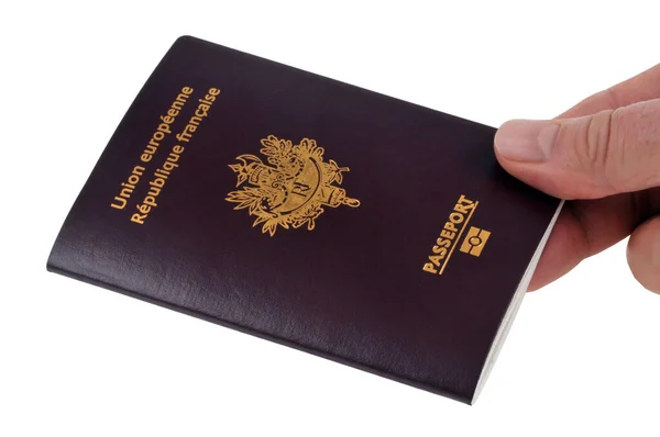 Passaporte Biométrico Francês Mantido Mão Close Fundo Branco — Fotografia de Stock