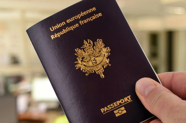 French Biometric Passport Held Hand Close — Stock Photo, Image