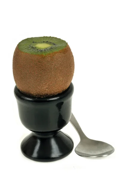 Kiwi Dans Une Tasse Œufs Avec Une Petite Cuillère Gros — Photo