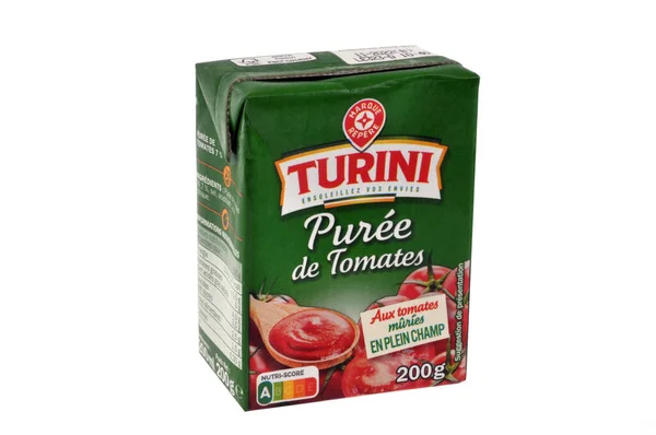 Brick Tomato Puree Turini Brand Close White Background — Stock Photo, Image