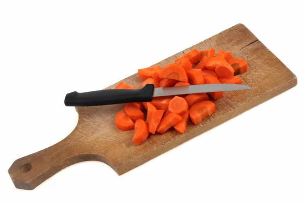 Cut Raw Carrots Cutting Board Knife White Background — Stock Photo, Image