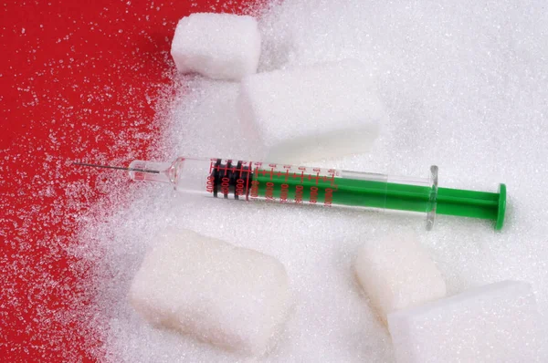 Diabetes Konzept Mit Insulinspritze Auf Zucker — Stockfoto