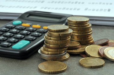 Hesap makinesi ve belgelerin yanında Euro sikkeleri