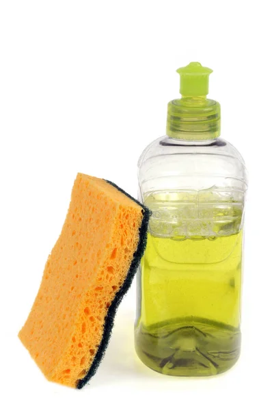 Bottle Dishwashing Liquid Double Sided Sponge Close White Background — Stock Photo, Image