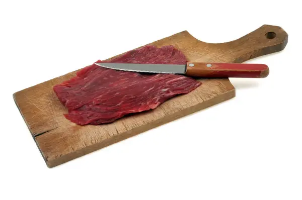 Flank Steak Knife Board Close White Background — Stock Photo, Image